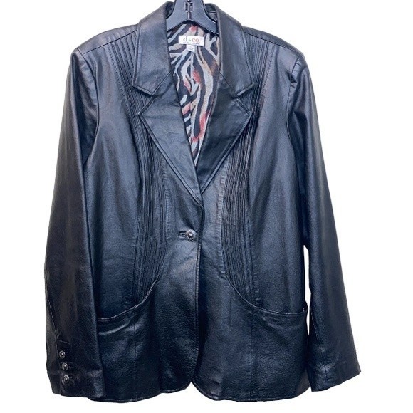 90s D & Co Leather Blazer Jacket Black animal print Lined size L - Picture 3 of 17